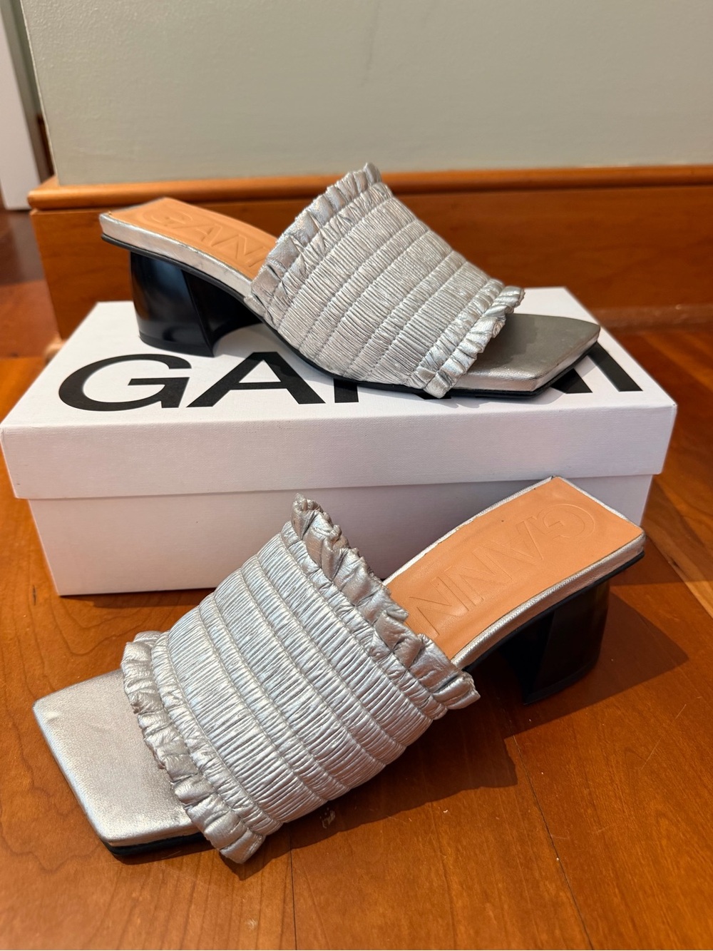 Ganni Silver Ruched Mule Slides with Block Heel
